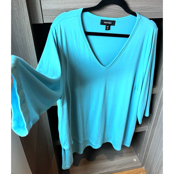 Karen Kane Knit Top 2XL Turquoise 3/4 Sleeve V-Neck Tulip Hem Tunic Stretchy USA - Picture 8 of 8